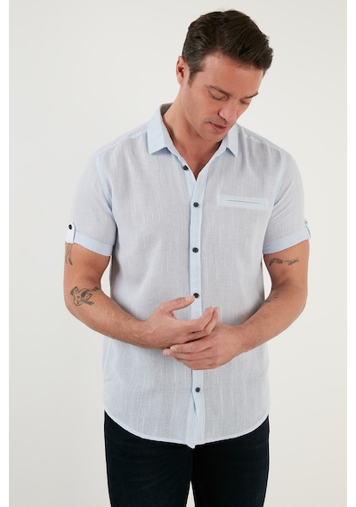 Buratti % 100 Pamuk Keten Görünümlü Slim Fit Kısa Kollu Erkek Gömlek Cf21S111766 Mavi