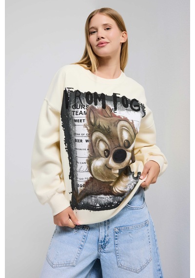 Itsbasic Kadın Ekru W5 Oversize Baskılı %100 Koton Organik Kumaş Sweatshirt