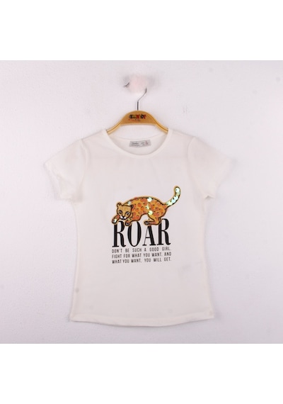 Toontoy Kids Toontoy Kız Çocuk Leopar Baskılı Pullu Tişört Ekru