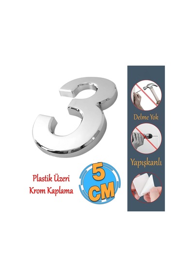 Yapışkanlı Kapı Numarası Küçük Boy 50 Mm 5 Cm Numara 3 Rakam Üç Sayısı Krom Renk Numaralar 1 Adet Diğer