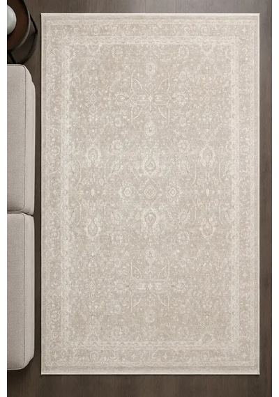 Zes Collection Modern Vintage Desenli Eskitme Dokuma Yumuşak Salon Halısı Bej - Krem