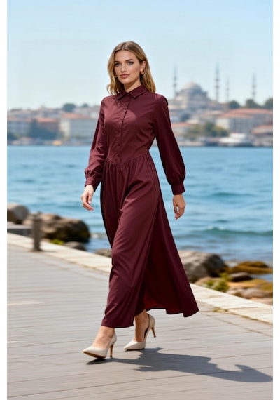 Benerly Kadın Maxi Elbise Yaka Uzun Kol Skater Kalıp Dokuma Düz Desen Ast Mürdüm