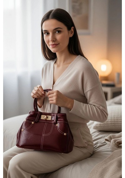 Glemix Nepal Bordo Cilt Jean Model Tasarım Kadın El Ve Omuz Çantası Bordo
