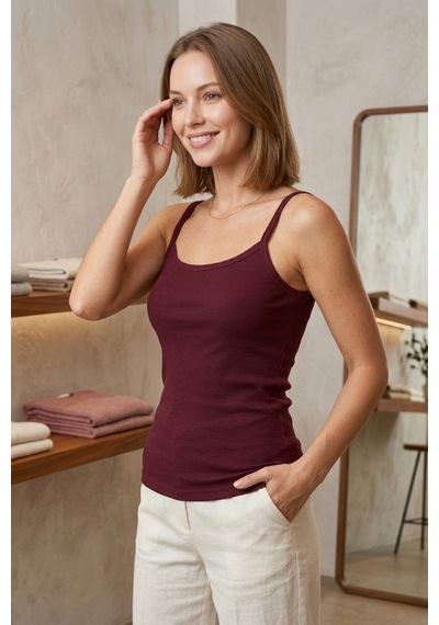Mataş Kadın Pamuklu İp Askılı Slim Fit Yuvarlak Yaka Atlet Bordo
