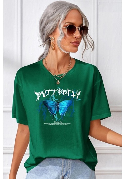 Uyguntarz Unisex Blue Butterfly Baskılı T-shirt Yeşil