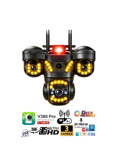 V380 Pro 3 Kamera 10x Zoom 4k Ptz Ip Sesli Sirenli Wifi Akıllı Güvenlik Kamera 3+3+3 Mp