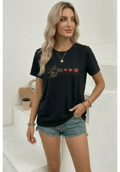 Efnaz Style Minimal Kalp İşaret Baskılı Tişört Kısa Kol Yazlık T-shirt - Siyah