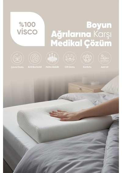 Çift Taraflı Visko Boyun Destek Yastığı - Ortopedik Anti Stres Visco Yastık - Süper Soft Beyaz