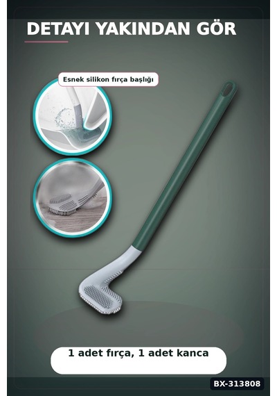 Sopali Tasarim Silikon Klozet Fircasi 41 Cm Aski Kancali Banyo Temizlik Seti Bx-313808 Çok Renkli