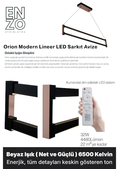 Orion Rose Gold Lineer Led Sarkıt Avize Kumandalı Dim Edilebilir Aşağı Işık Beyaz Işık