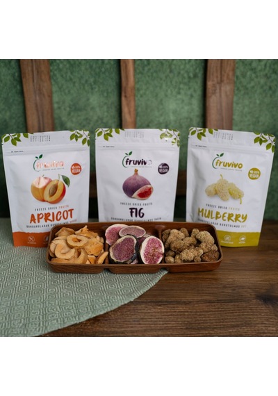 Fruvivo 3'lü Freeze Dry Paket - Kayısı + İncir + Dut - Dondurularak Kurutulmuş Meyve Cipsi Şeker İlavesiz %100 Doğal Vegan 90 G