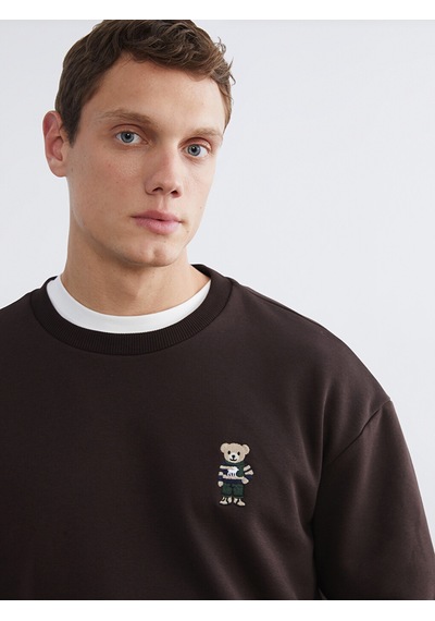 Lcw Vision Kahverengi Bisiklet Yaka Ayı Teddy Baskılı Erkek Kalın Sweatshirt