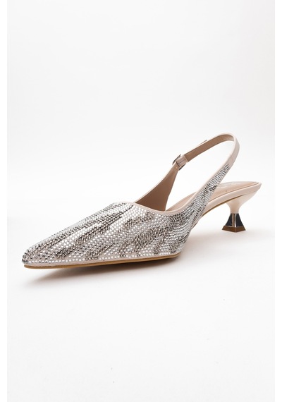 Luvishoes Luvi Shoes Ushes Bej Saten Taşlı Kadın Kısa Topuklu Abiye Ayakkabı Bej