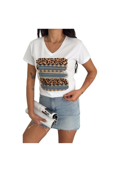 Cassime Kadın Leopar Desenli %100 Pamuk Beyaz V Yaka T-shirt