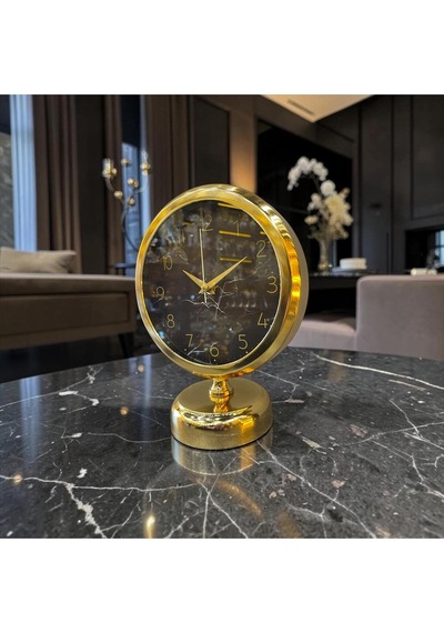 Gold Marble Masa Saati Altın Çerçeveli Siyah Mermer Desenli Modern Lüks Dekoratif Saat Altın