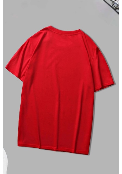 Unisex Leopar Kalp Baskılı Oversize T-shirt Kırmızı