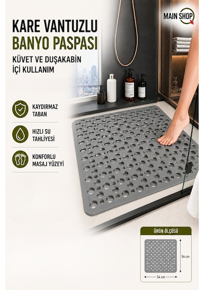 Mainshop Kaydırmaz Duşakabin Banyo Ve Duş Paspası Bubble Vantuzla Yapışır 54 X 54 Cm M-149 Gri