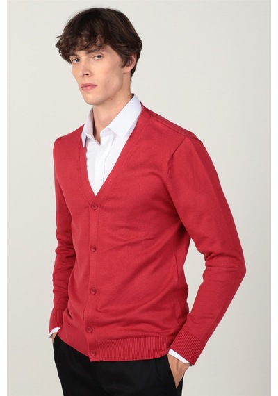 Tudors Slim Fit Dar Kesim Düğmeli Düz Pamuk Erkek Hırka-24131 Kırmızı