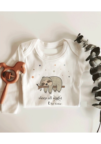 İmaj Tuğbababy Sleep All The Time Sloth Uzun Kol Çıtçıtlı Bebek Body Beyaz