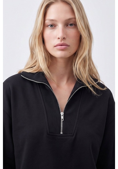 Fashion Friends Yakası Fermuarlı Siyah Kadın Sweatshirt 26k0166k1