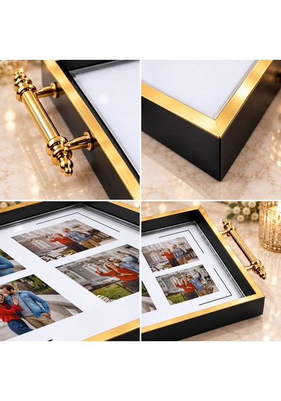 Bk Gift Kişiye Özel Fotoğraflı Siyah&gold Söz Nişan Tepsisi-1 - 39x23 Cm Çok Renkli
