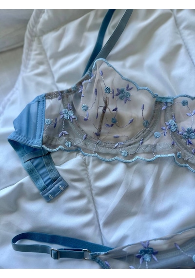 Noateks Mavi Çiçekli Balenli Dantelli Tül Bralet Takım Mavi