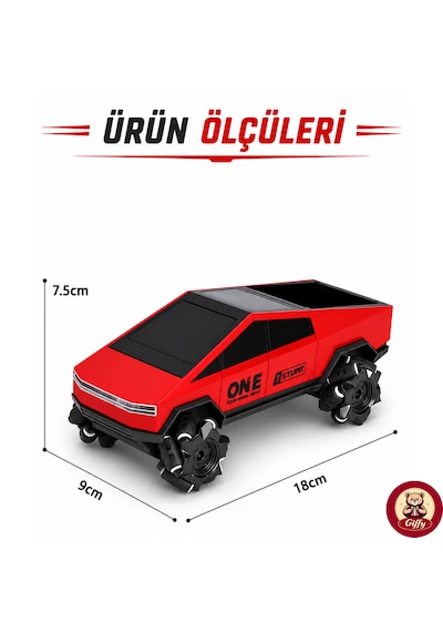 Oyuncak Uzaktan Kumandalı Şarjlı Akrobat Cybertruck Araba 4x4 Drift Araç Bilekten Kumandalı Led Işıklı 2.4 Ghz 6 Farklı Led Işık Modu 18 Cm
