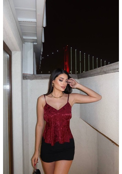 Kechi Woman Leopar Desenli Saten Askılı Bluz Bordo
