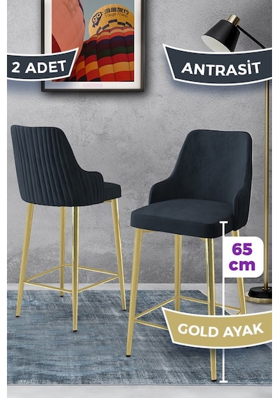 Canisa Tera Serisi 2 Adet Babyface Kumaş 65 Cm Gold Kaplama Ayaklı Antrasit Bar Sandalyesi Antrasit Sandalye Gold Kaplama Ayak