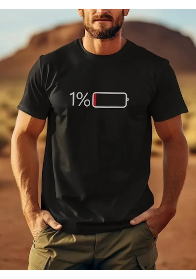 Erkek Sarj %1 Baskılı T-shirt Kısa Kol Bisiklet Yaka Regular Fit Tişört - - Siyah