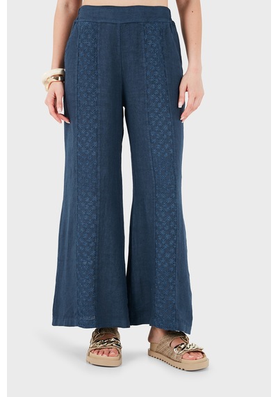 Via Dante % 100 Keten Relaxed Fit Brode İşlemeli Pantolon Bayan Pantolon 69912211 İndigo