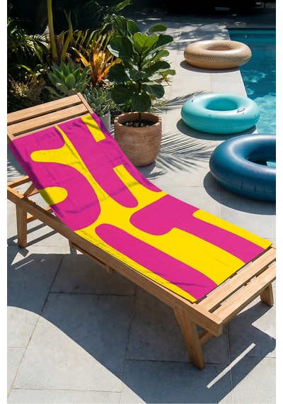 Modern Shit Yazılı Geometrik Plaj Havlusu - Fuşya Sarı Pop Art Hızlı Kuruyan Mikrofiber Havlu Ayaz Menekşe