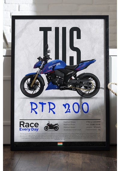 Tvs Rtr 200 Siyah Ahşap Çerçeveli Poster, Dekoratif Motosiklet Duvar Tablosu
