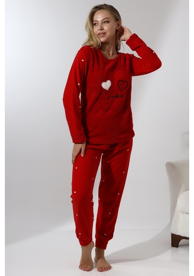 Wordex Fawn 5005 Peluş Welsoft Polar Kışlık Yumoş Kadın Pijama Takımı Kırmızı