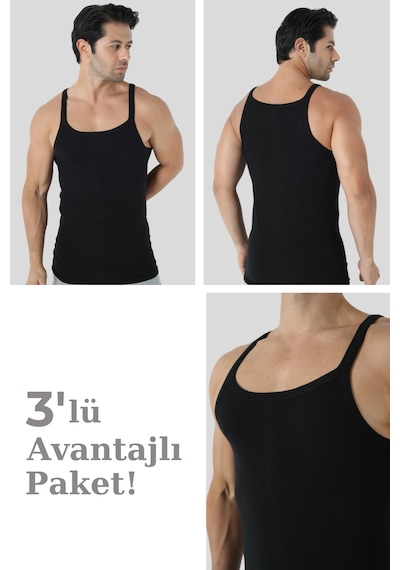 Arma Yıldız Erkek Siyah İnce Askılı Atlet 3'lü Paket Pamuklu Ribana Esnek Kumaş Siyah