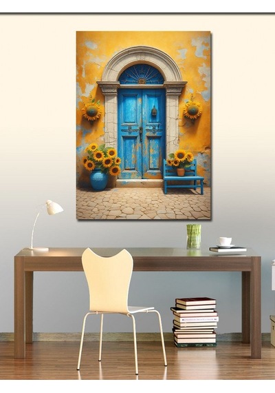 Kanvas Tablo Mavi Kapılı Ev 100cmx140cm