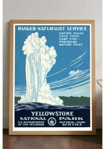 Yellowstone Doğal Ahşap Çerçeveli Poster, Dekoratif Seyahat Duvar Tablosu