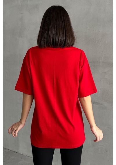 Kadın Yüz Baskılı Bisiklet Yaka Oversize T-shirt Kırmızı Kadın Yüz Baskılı Bisiklet Yaka Oversize T-shirt Kırmızı
