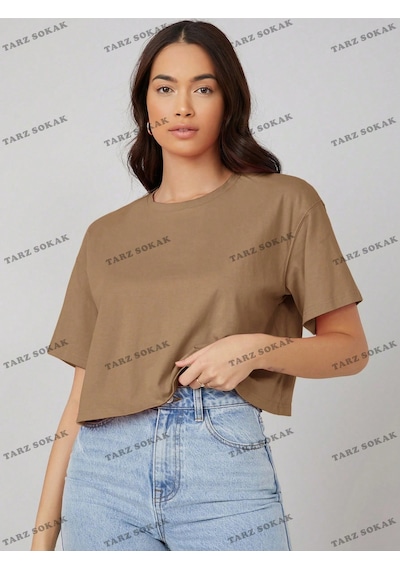 Flood Of Style Crop Ckod-232913 Pamuk Damla Omuz Düz Kısa Kahverengi