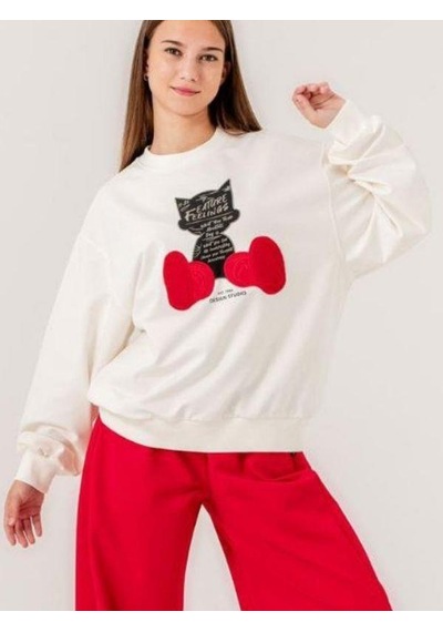 Kız Çocuk Kedi Baskılı Tasarım 2 İplik Sweatshirt-14214 Ekru