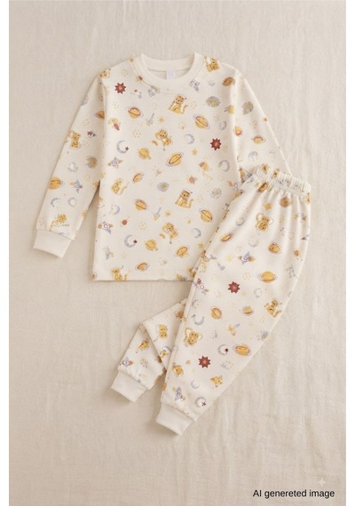 Erkek Çocuk Yeni Sezon Pamuklu Desenli Pijama Takım Tkm1022 Krem