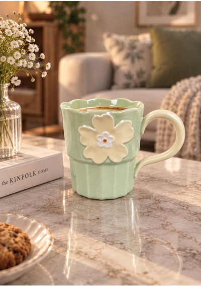 Petal Lüsterli Yeşil Porselen Kupa 360 Ml-7751 Çok Renkli