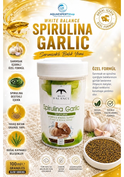 White Balance Spirulina Garlic Granül Balık Yemi - Sarımsak Ve Spirulina İçerikli Özel Formül - Premium Balık Yemi - 100 Ml