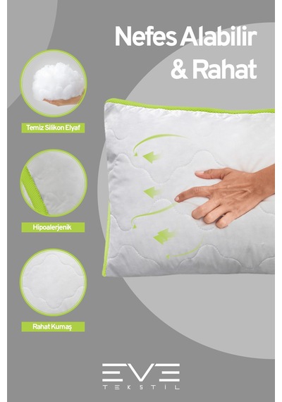 4 Adet Yeşil Serisi Kılıflı Fermuarlı Klimali Antialerjik Silikon Nano Elyaf Yastık 50x70cm Beyaz