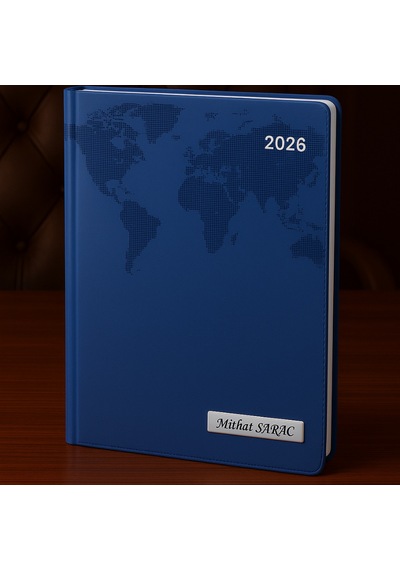 Isme Özel Lacivert Dünya Baskılı Ajanda 2026 Tarihli - Isme Özel Kalem Hediyeli Lacivert