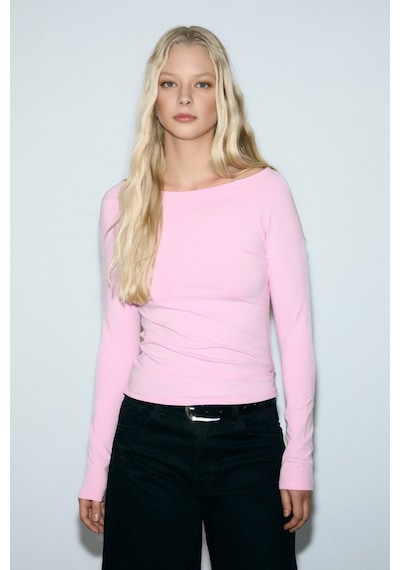 Grımelange Karakola Kadın Organik Pamuklu Kayık Yaka Reglan Kol Slim Fit Pembe Bluz Pembe