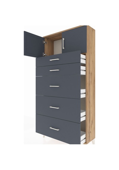 Arges Dolap Tek Raflı 5 Çekmeceli 2 Kapaklı 88x30x182 Çam-ant... Çam