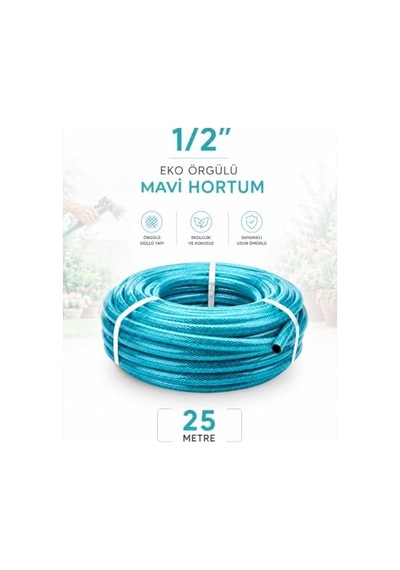 Beylini 1/2" 25 Metre Örgülü Bahçe Hortumu Balkon Bahçe Sulama Temizlik Araç Yıkama Su Hortumu Dolanmaz Kırılmaz Yeşil Mavi, 1/2" 25 Mt