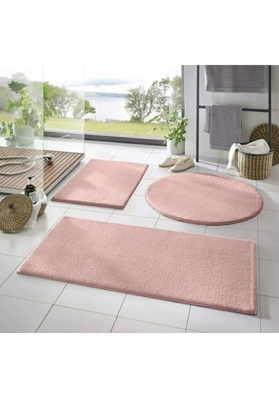 Yıkanabilir Kaymaz Taban Post Peluş Banyo Paspası Üçlü Takım Pembe Pembe