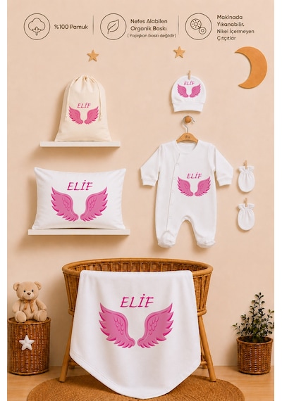 Pia Baby İsme Özel Hastane Çıkışı %100 Pamuk Kız Bebek Organik Baskılı Tulum Set Keseli Hediyelik 2055tybk0x Krem